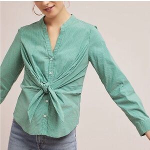 Anthropologie Kelly Green Striped Button down Size 6 Knot Tie Front Longsleeve